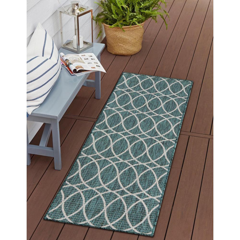 Outdoor Trellis Collection, Area Rug, Teal, 2' 11" x 10' 0", Runner. Picture 2