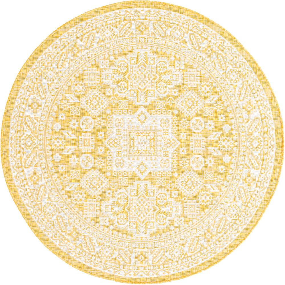 Outdoor Aztec Collection, Area Rug, Yellow, 5' 3" x 5' 3", Round. Picture 1