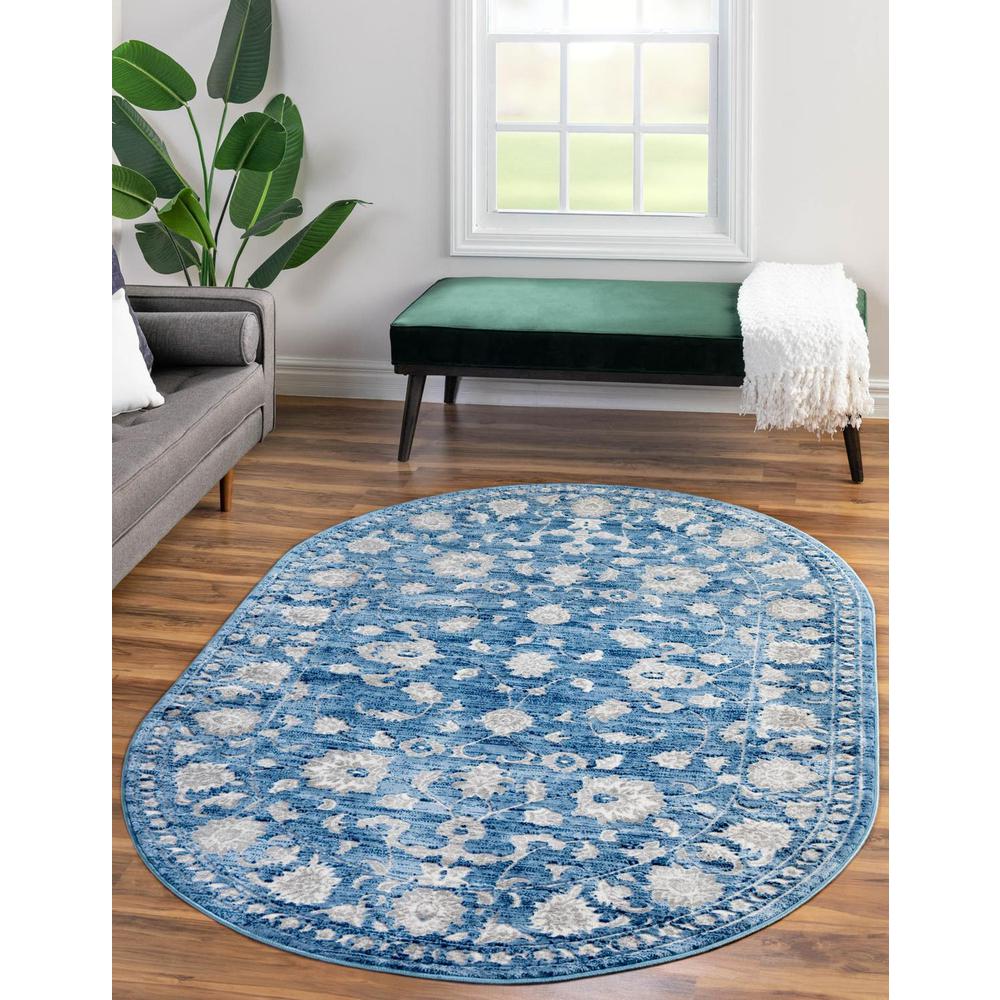 Boston Floral Area Rug 5' 3" x 8' 0", Oval Blue. Picture 2