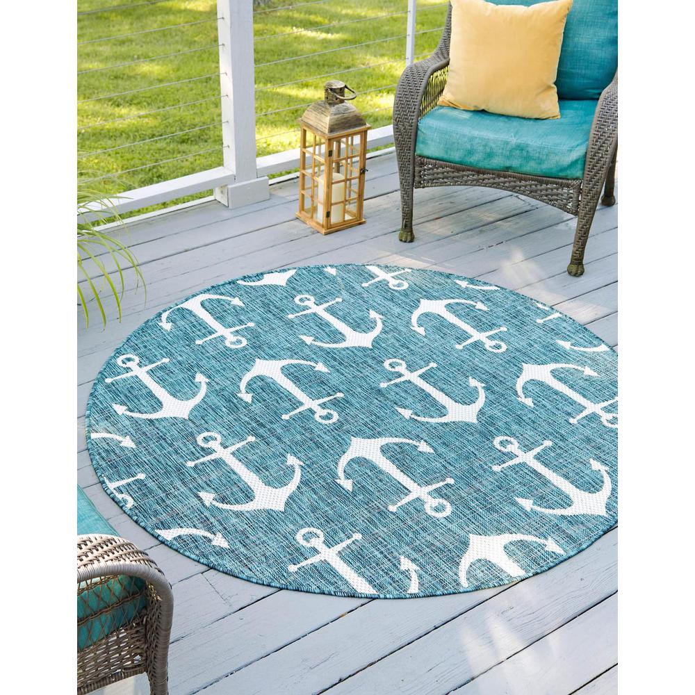 Unique Loom 5 Ft Round Rug in Teal (3162784). Picture 1