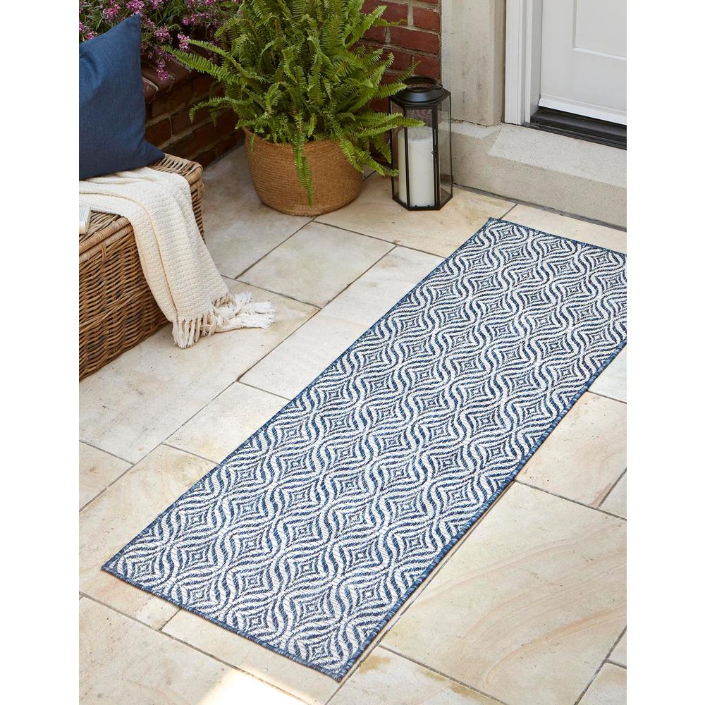 Outdoor Deco Trellis Rug, Navy Blue/Ivory (2' 0 x 6' 0). Picture 1