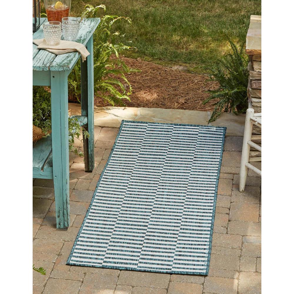 Outdoor Striped Rug, Teal/Ivory (2' 0 x 6' 0). Picture 1