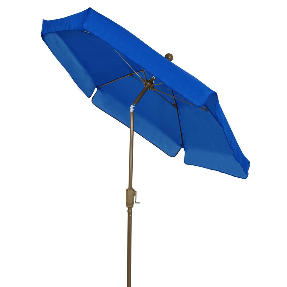 7.5' Hex Home Garden Tilt Umbrella 6 Rib Crank Champagne Bronze with Pacific Blue Vinyl Coated Weave Canopy. Picture 1