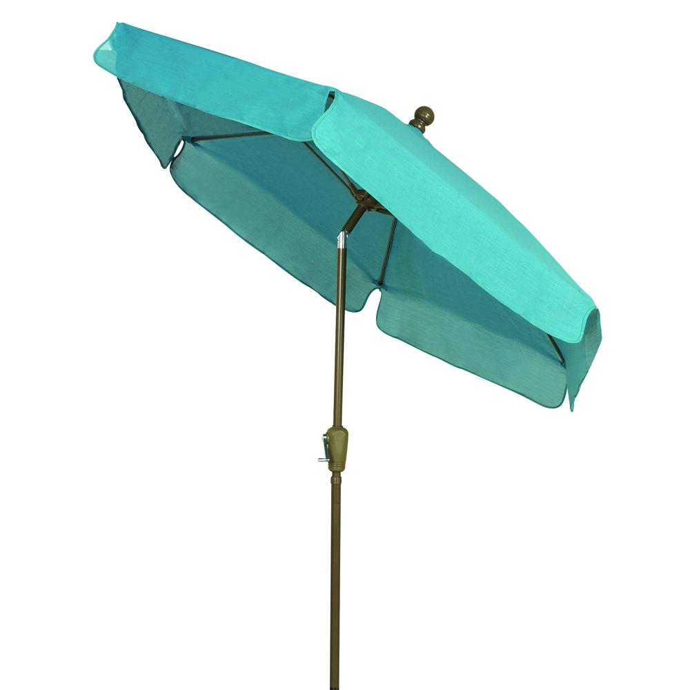 7.5' Hex Home Garden Tilt Umbrella 6 Rib Crank Champagne Bronze with Teal Vinyl Coated Weave Canopy. Picture 1