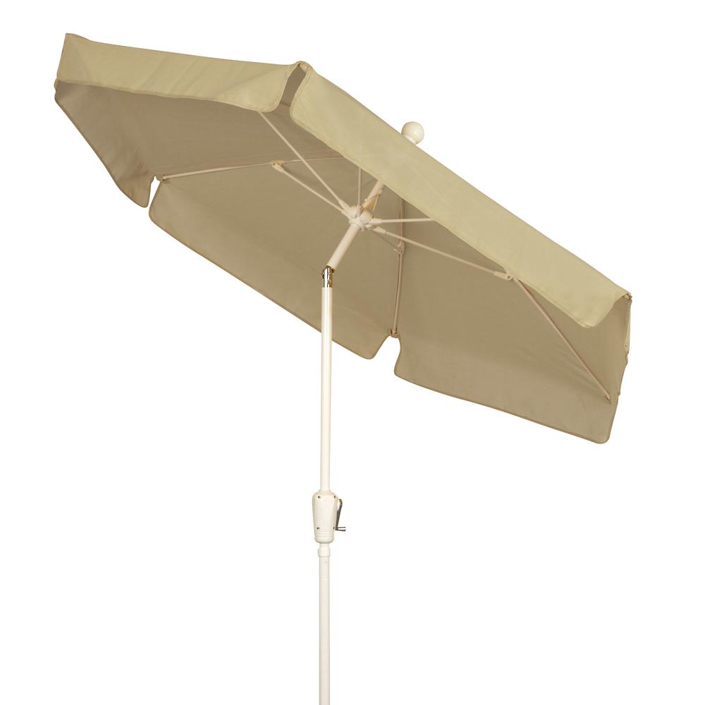 7.5' Hex Home Garden Tilt  Umbrella 6 Rib Crank White with Beige Vinyl Coated Weave Canopy. Picture 1