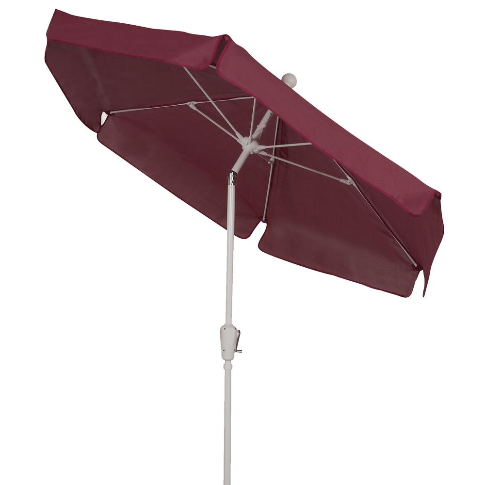 7.5' Hex Home Garden Tilt  Umbrella 6 Rib Crank White with Burgundy Vinyl Coated Weave Canopy. Picture 1