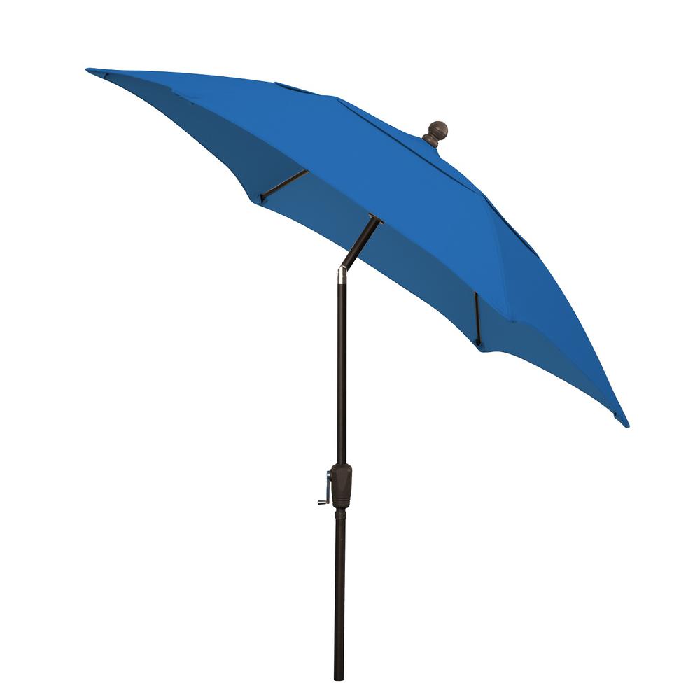 7.5' Hex Home Patio Tilt Umbrella 6 Rib Crank Champagne Bronze with Pacific Blue Spun Acrylic Canopy. Picture 1