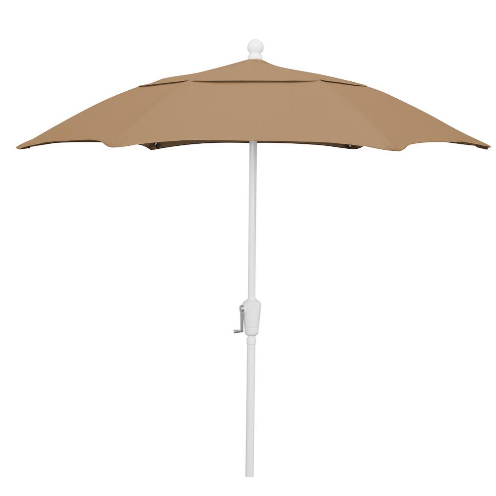 7.5' Hex Home Patio  Umbrella 6 Rib Crank White with Beige spun acrylic canopy. Picture 1