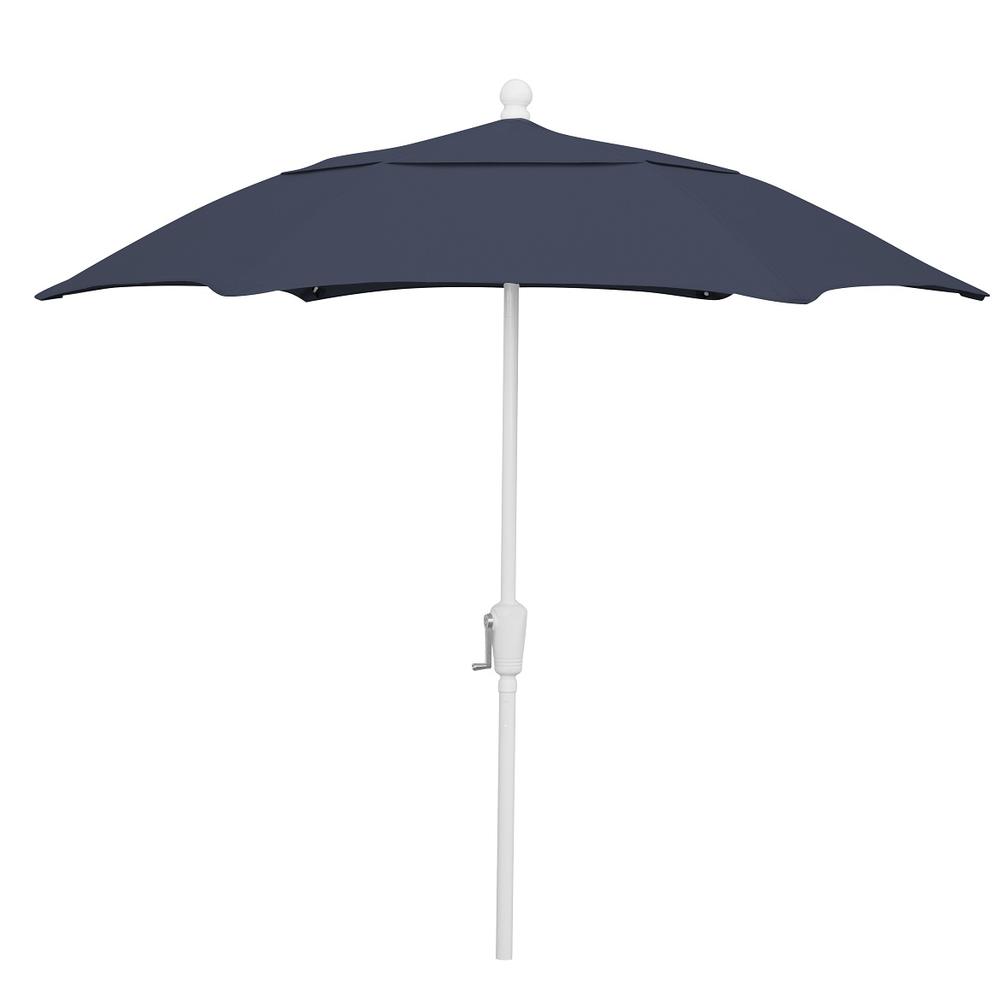 7.5' Hex Home Patio  Umbrella 6 Rib Crank White with Navy Blue spun acrylic canopy. Picture 1