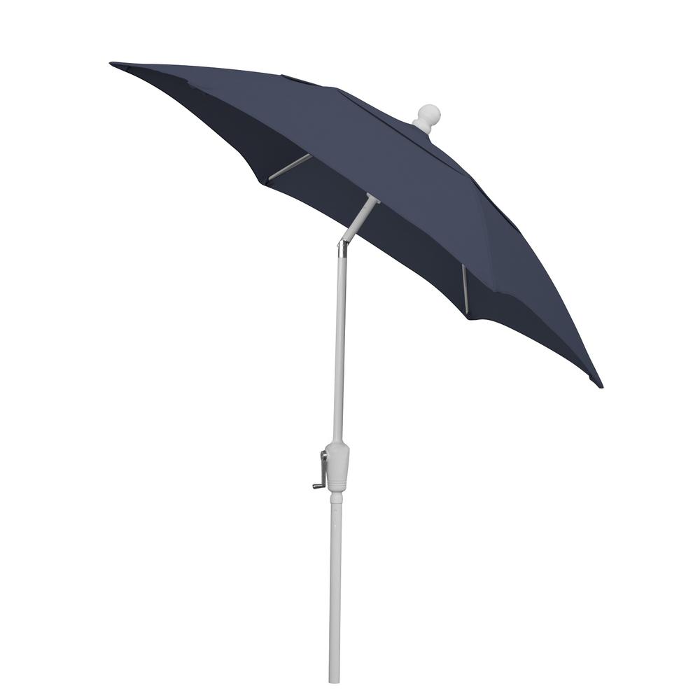 7.5' Hex Home Patio Tilt Umbrella 6 Rib Crank White with Navy Blue spun acrylic canopy. Picture 1
