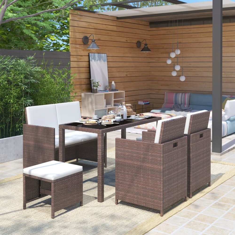 vidaXL 6 Piece Outdoor Dining Set with Cushions Poly Rattan Brown. Picture 11