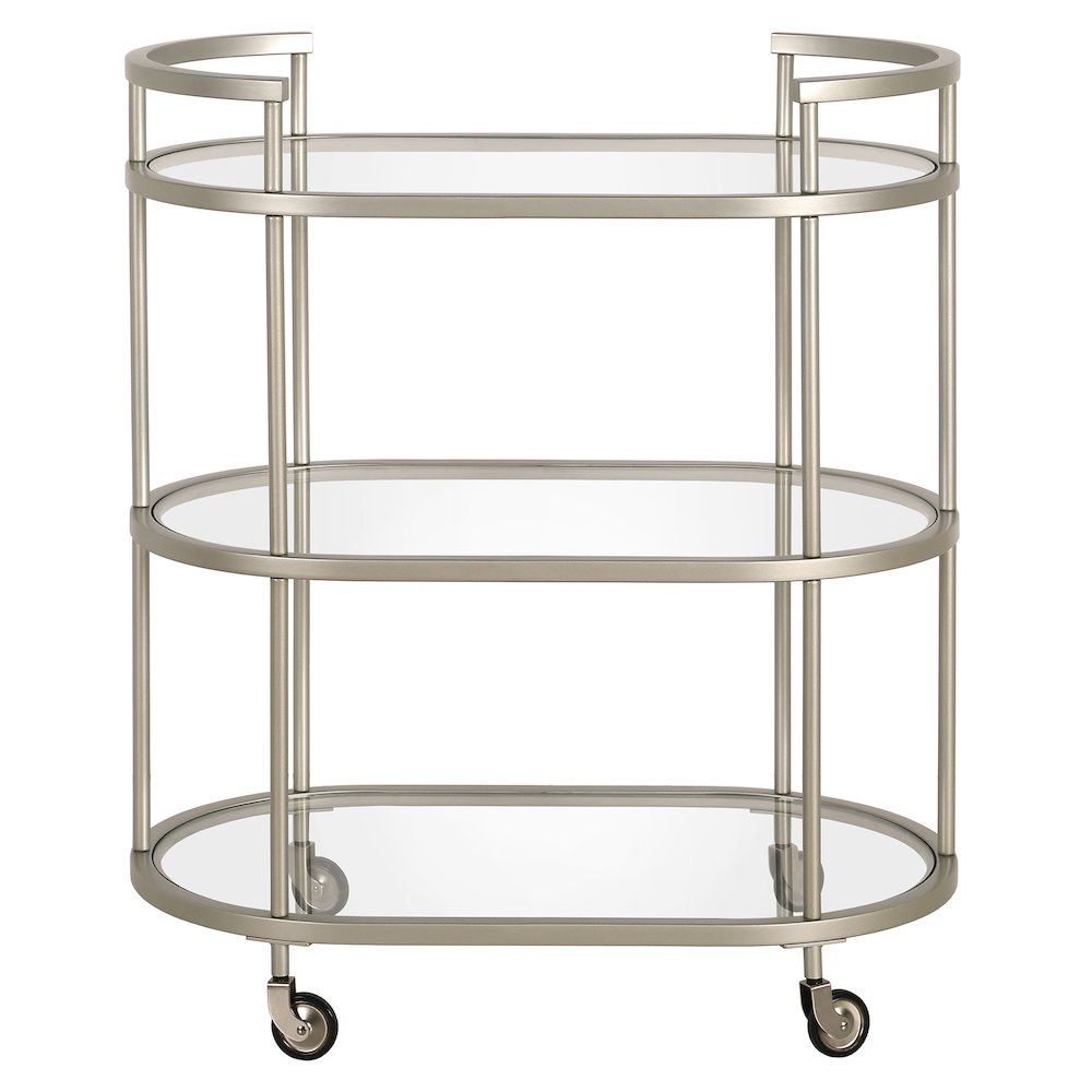 Leif 30'' Wide Oval Bar Cart in Satin Nickel. Picture 3