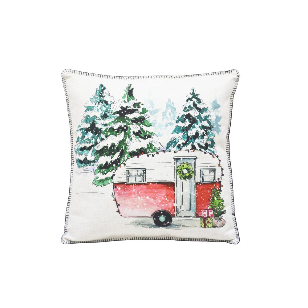 Camping Pillow in White w/Red Camper. The main picture.