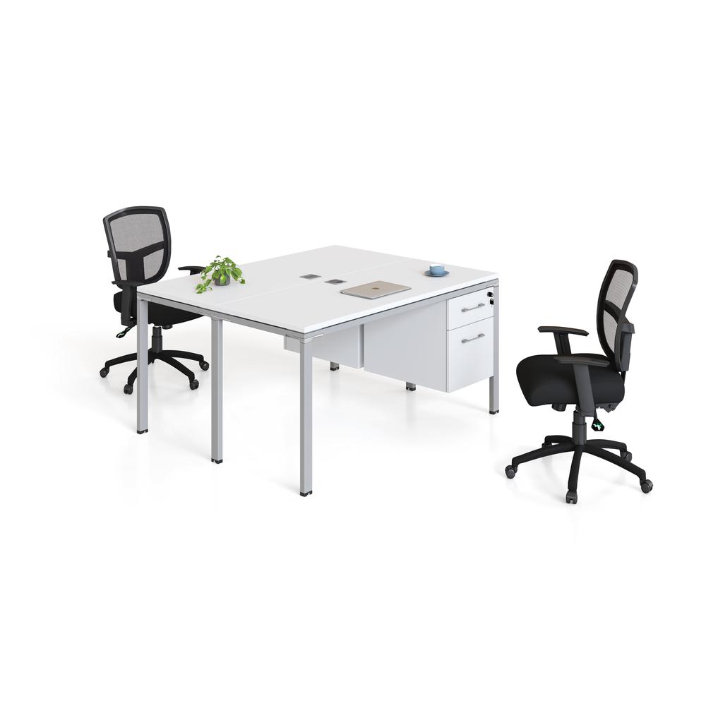 Double Desk, Face To Face With (2) Pedestals, 60" X 24" Desk Top (Ea), White. Picture 1