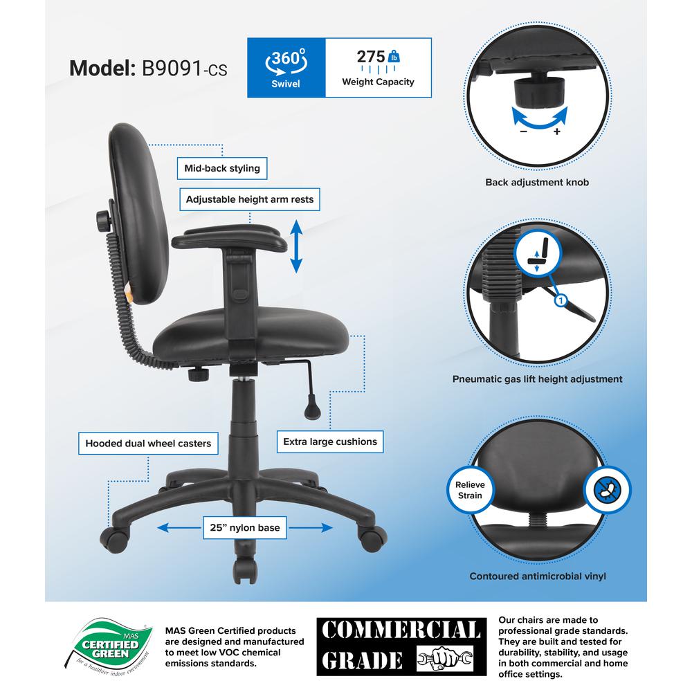 Boss Diamond Task Chair In Black Caressoft W/ Adjustable Arms. Picture 8