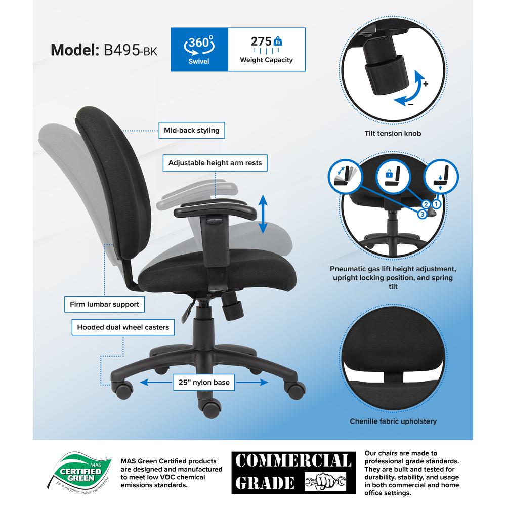 Boss Black Fabric Task Chair W/ Adjustable Arms. Picture 4