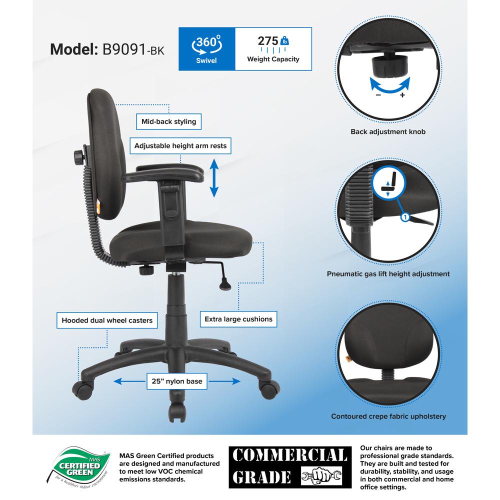 Boss Diamond Task Chair In Black W/ Adjustable Arms. Picture 8