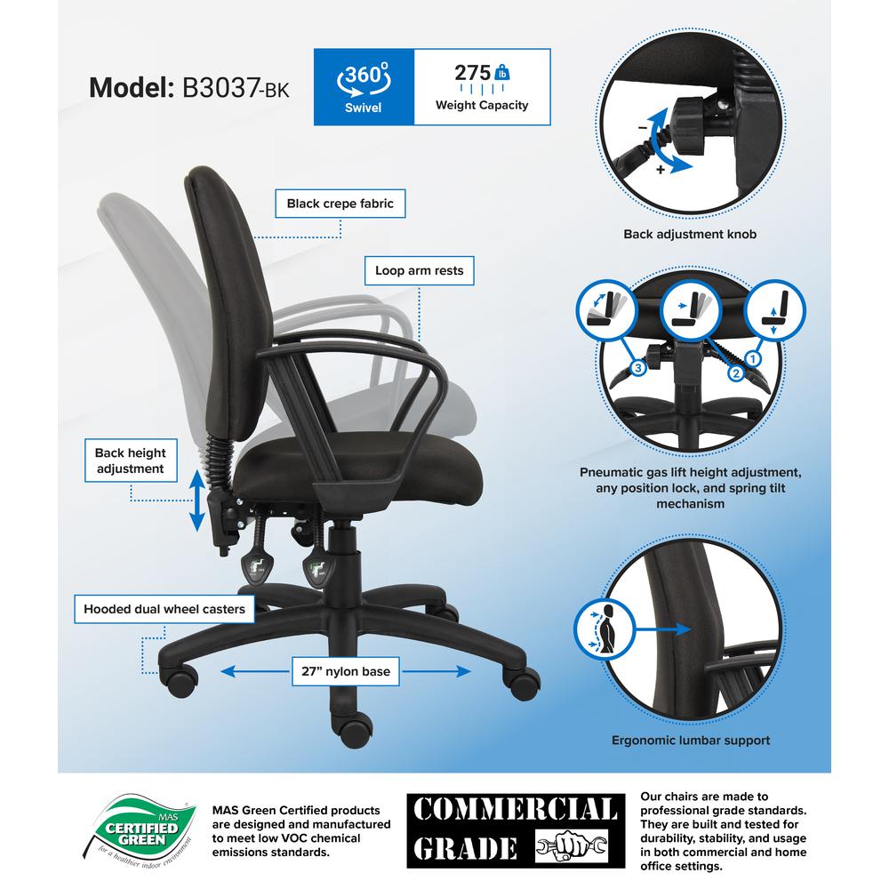 Boss Multi-Function Fabric Task Chair W/Loop Arms. Picture 5