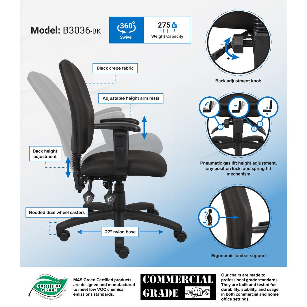 Boss Multi-Function Fabric Task Chair W/ Adjustable Arms. Picture 5