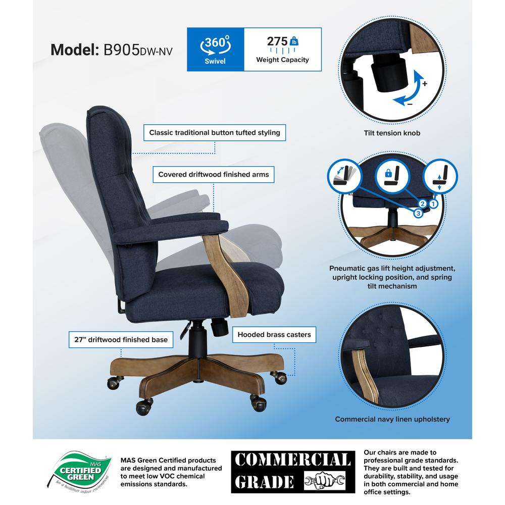 Boss Executive Commercial Linen Chair - Navy Linen Seat - Navy Linen Back - Driftwood Frame - Mid Back - 5-star Base - Armrest - 1 Each. Picture 3