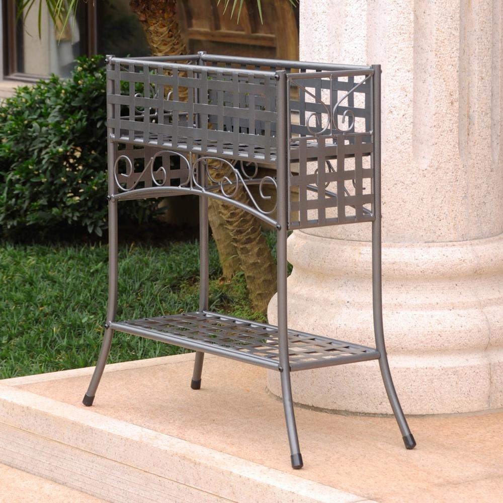Mandalay Rectangular Iron Plant Stand, Hammered Pewter. Picture 1