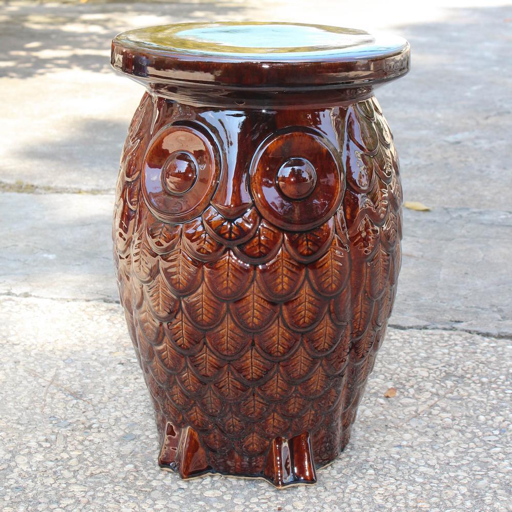 Brown Wise Old Owl Ceramic Garden Stool. Picture 1