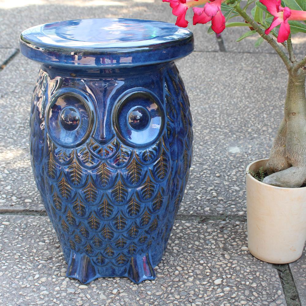 Navy Blue Wise Old Owl Ceramic Garden Stool. Picture 1