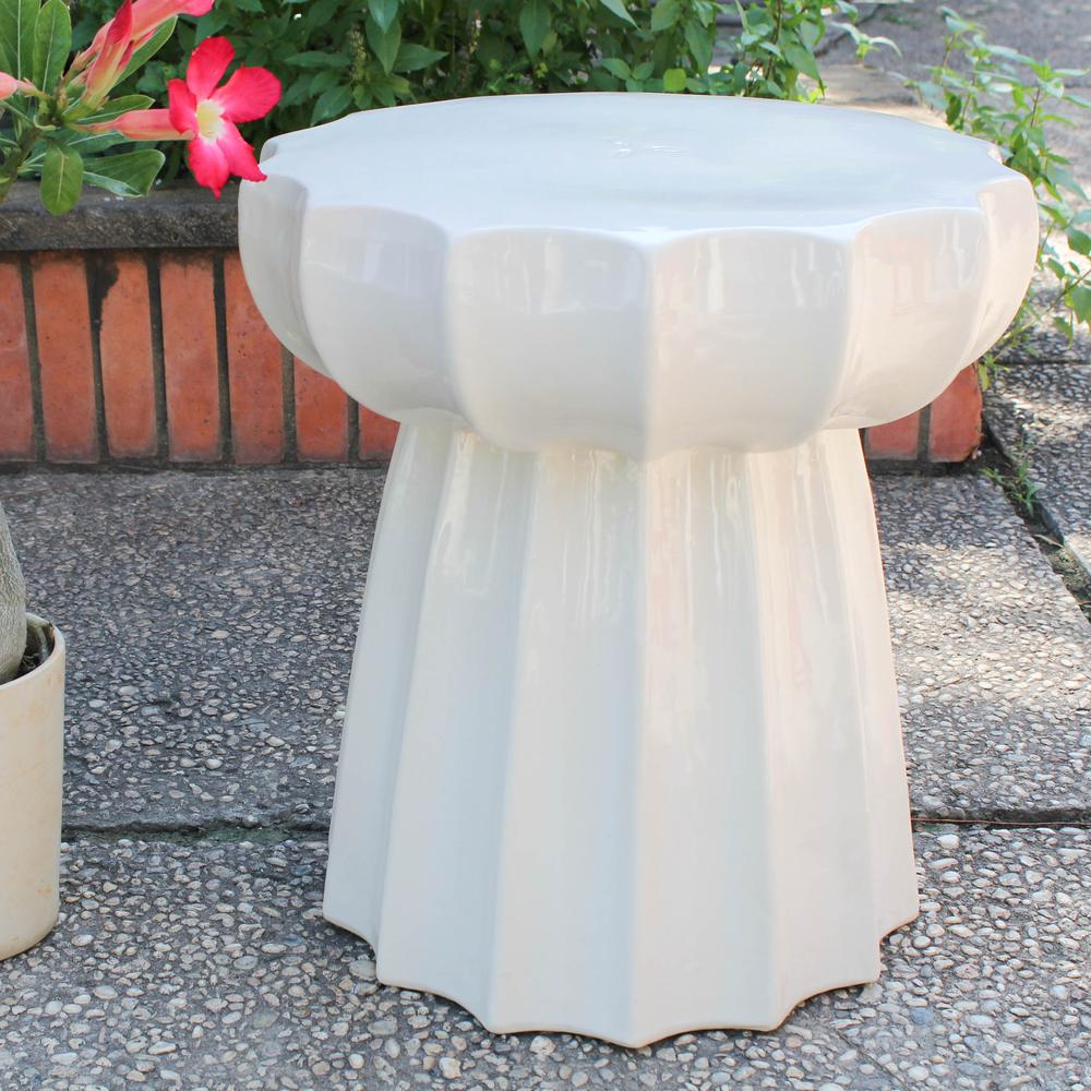 Antique White Round Scalloped Ceramic Garden Stool. Picture 1