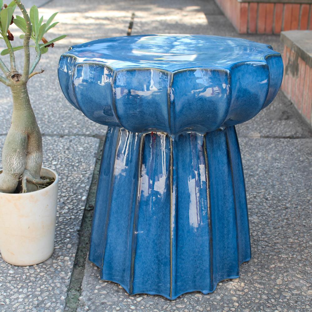 Navy Blue Round Scalloped Ceramic Garden Stool. Picture 1