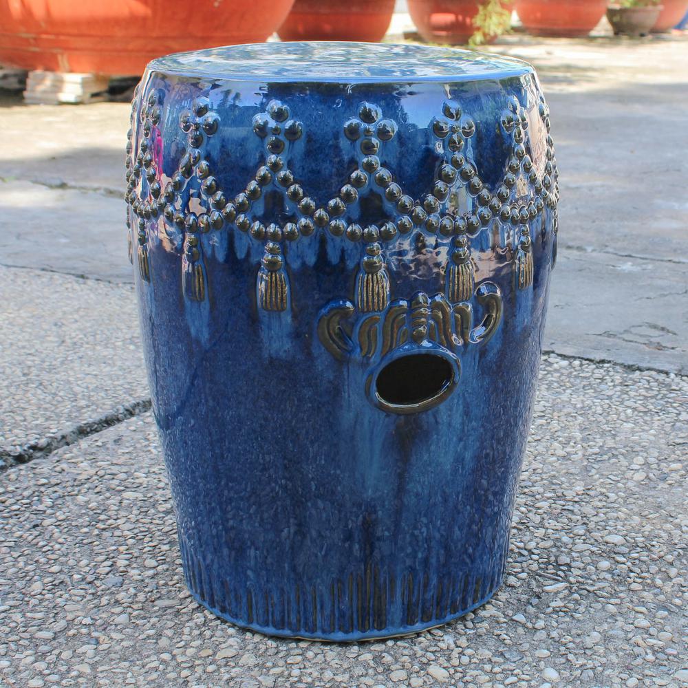 Navy Blue Tasseled Drum Creamic Garden Stool. Picture 1
