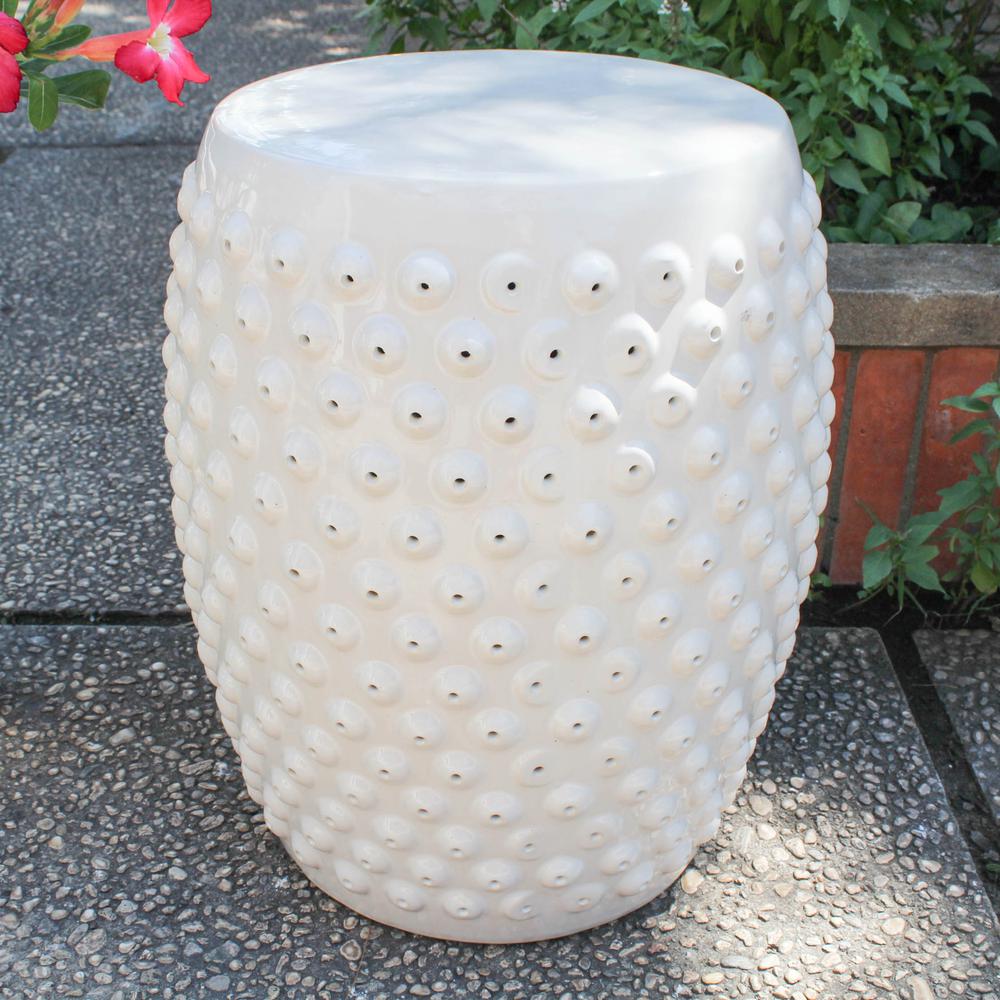 Perforated Antique White Drum Ceramic Garden Stool. Picture 1