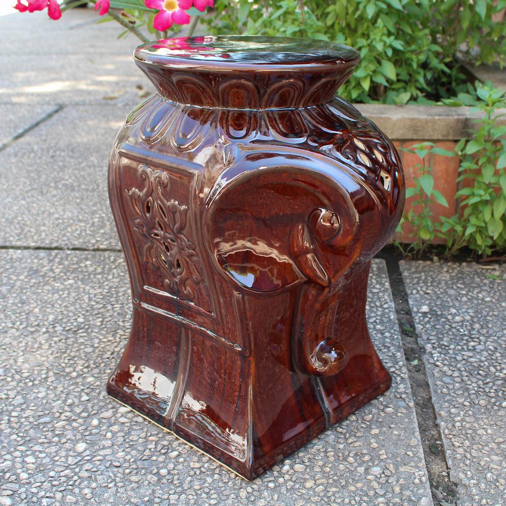 Brown Glazed Contemporary Elephant Ceramic Garden Stool. Picture 1