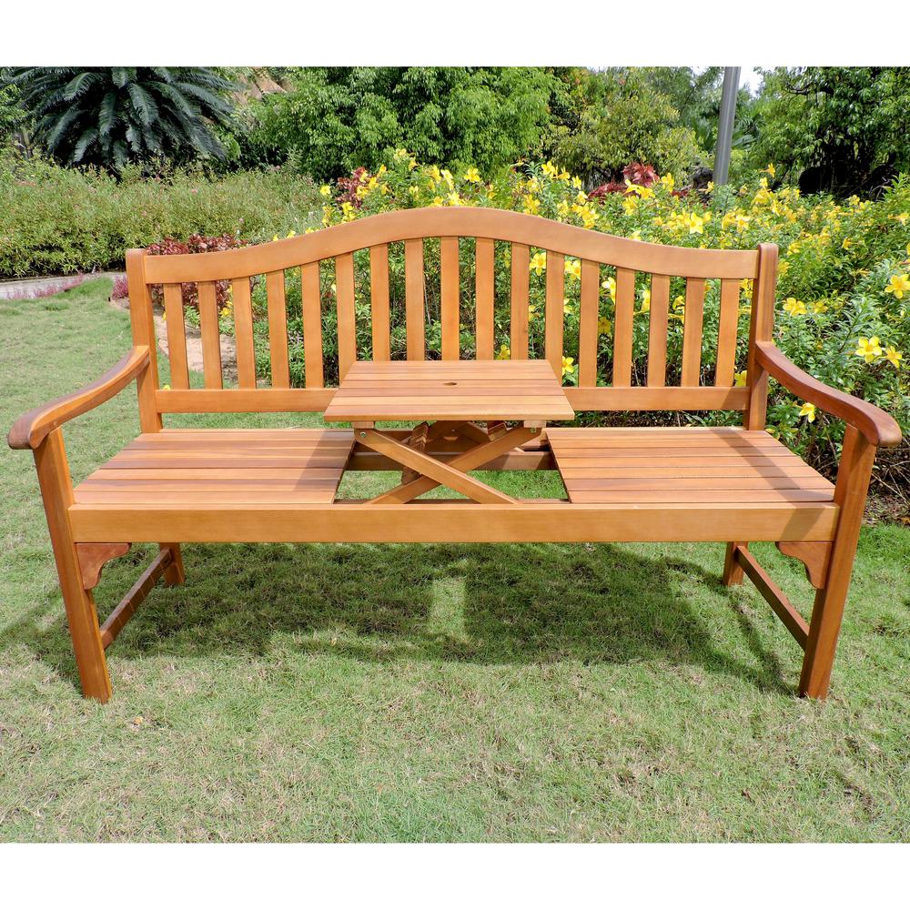 Royal Fiji Acacia 59-inch Camel back 63-inch 3-seater Bench with Pop-up Table. Picture 1