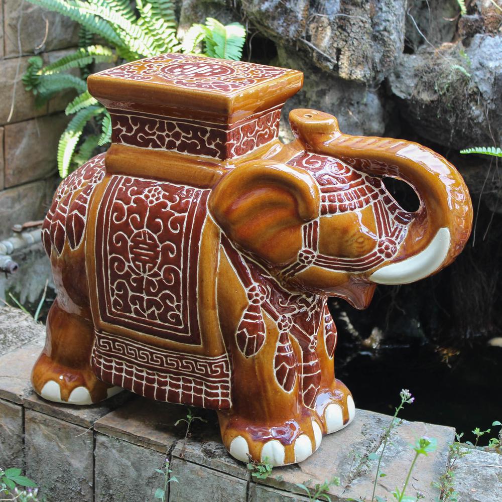 Large Porcelain Elephant Stool-Brown. Picture 1