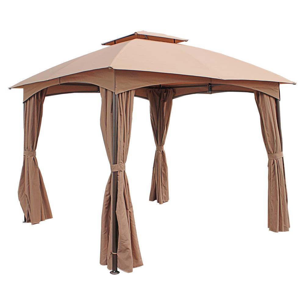 ST. Kitts 10-Foot Steel Dome-top Gazebo with Curtains, Khaki. Picture 1