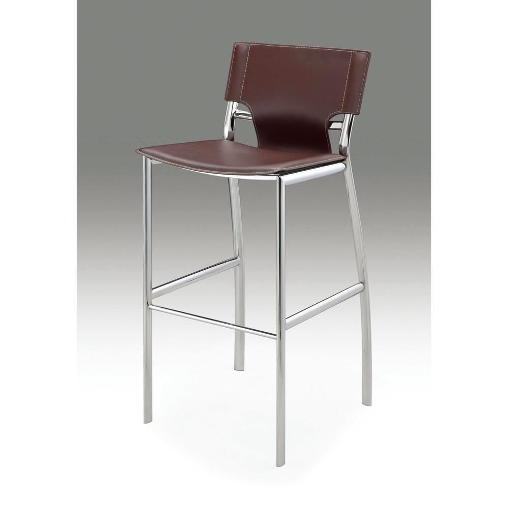 Dark Brown Leather Bar Stool, Chrome Base, 25"Seat High, Set Of 2. Picture 1