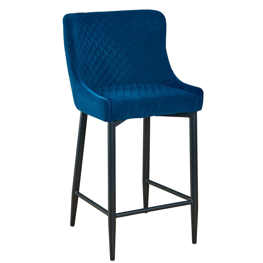Upholstered Barstool W/ Tufted Blue Velvet Fabric Seat/Back, Set Of 2. Picture 1