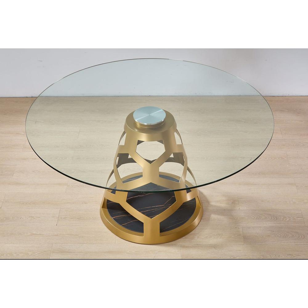 Round Clear Glass Dining Table with Gold Base. Picture 1