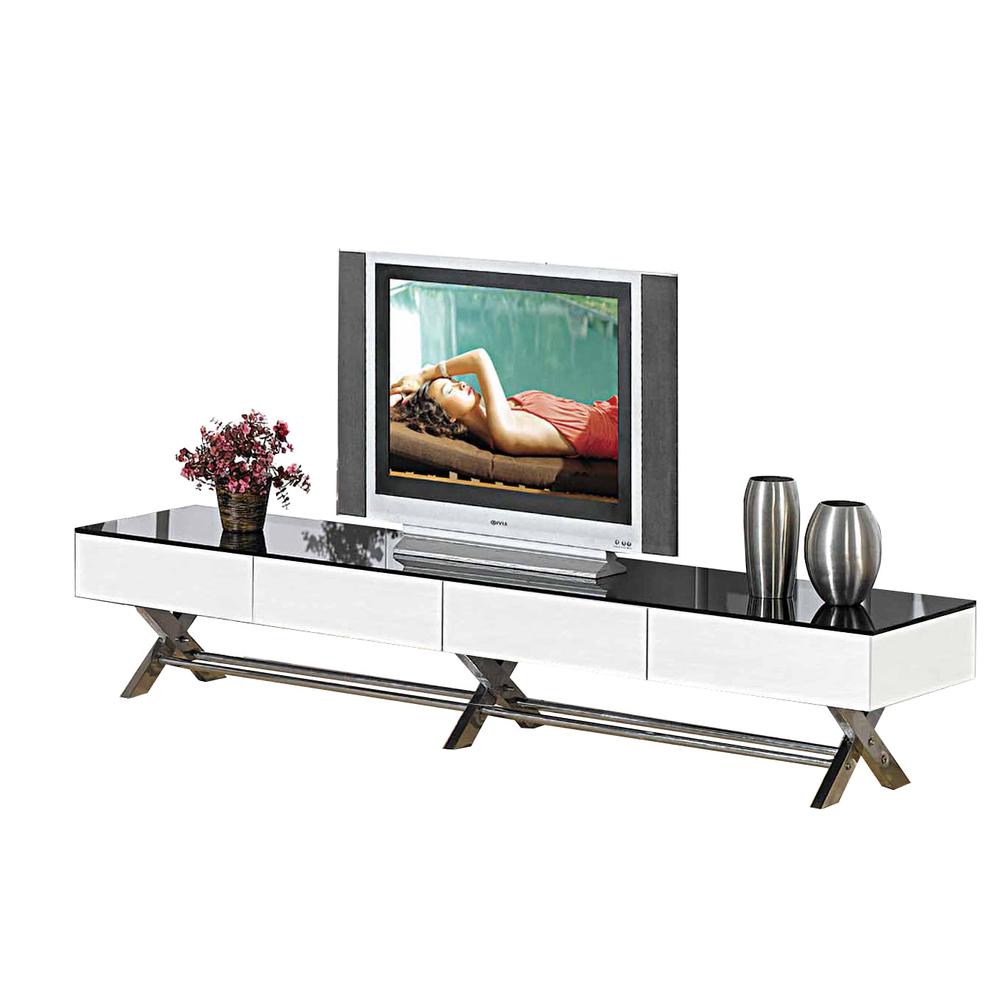 Tv Stand, Black/White Glass W/ Chrome Legs,  79"X18"X16"H. Picture 1