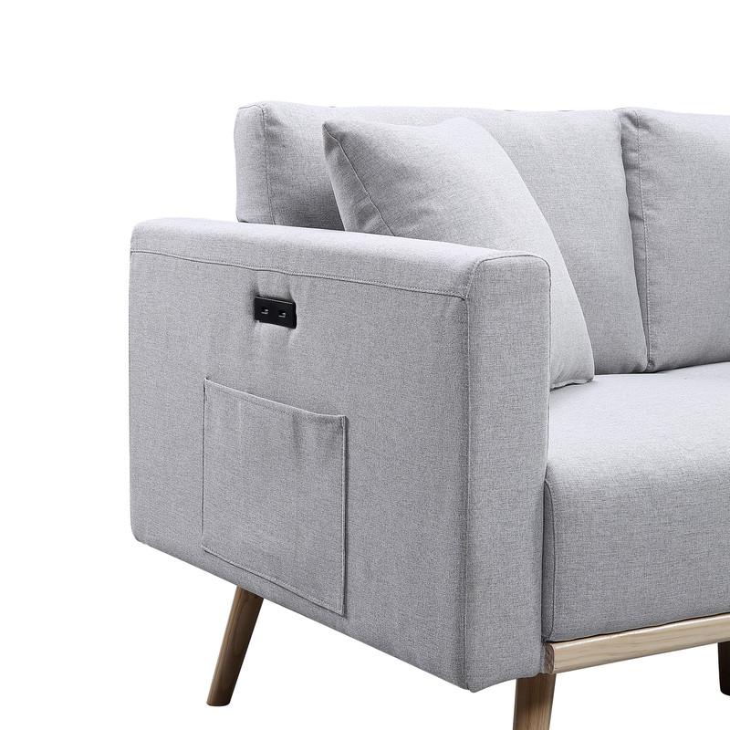 Easton Light Gray Linen Fabric Sofa Loveseat Living Room Set with USB Charging Ports Pockets & Pillows. Picture 8