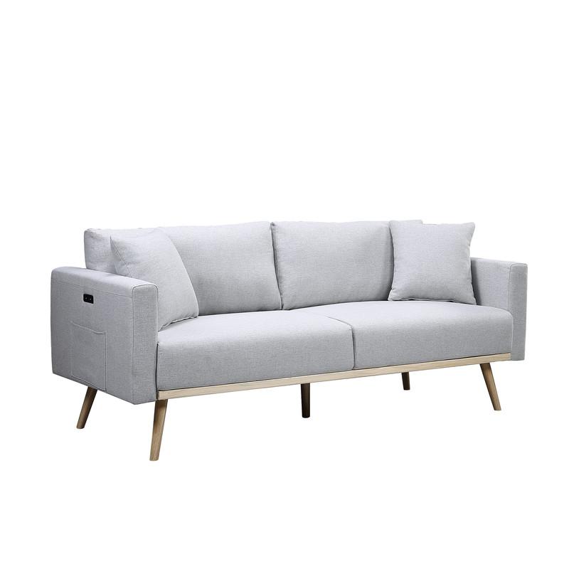 Easton Light Gray Linen Fabric Sofa Loveseat Living Room Set with USB Charging Ports Pockets & Pillows. Picture 2