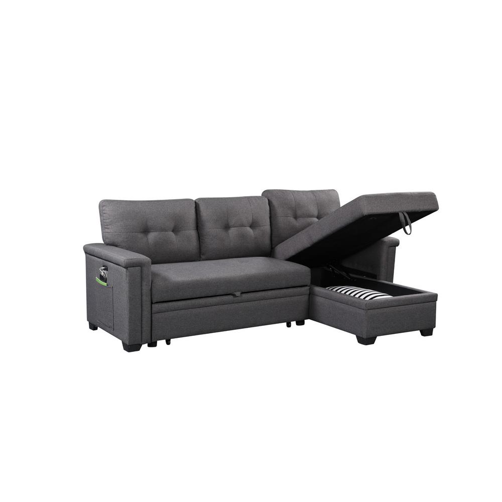 Ashlyn Dark Gray Reversible Sleeper Sectional Sofa with Storage Chaise, USB Charging Ports and Pocket. Picture 3