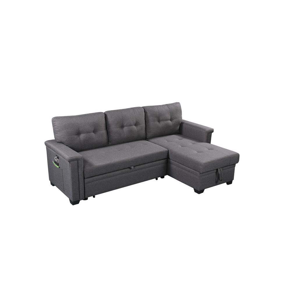 Ashlyn Dark Gray Reversible Sleeper Sectional Sofa with Storage Chaise, USB Charging Ports and Pocket. Picture 4