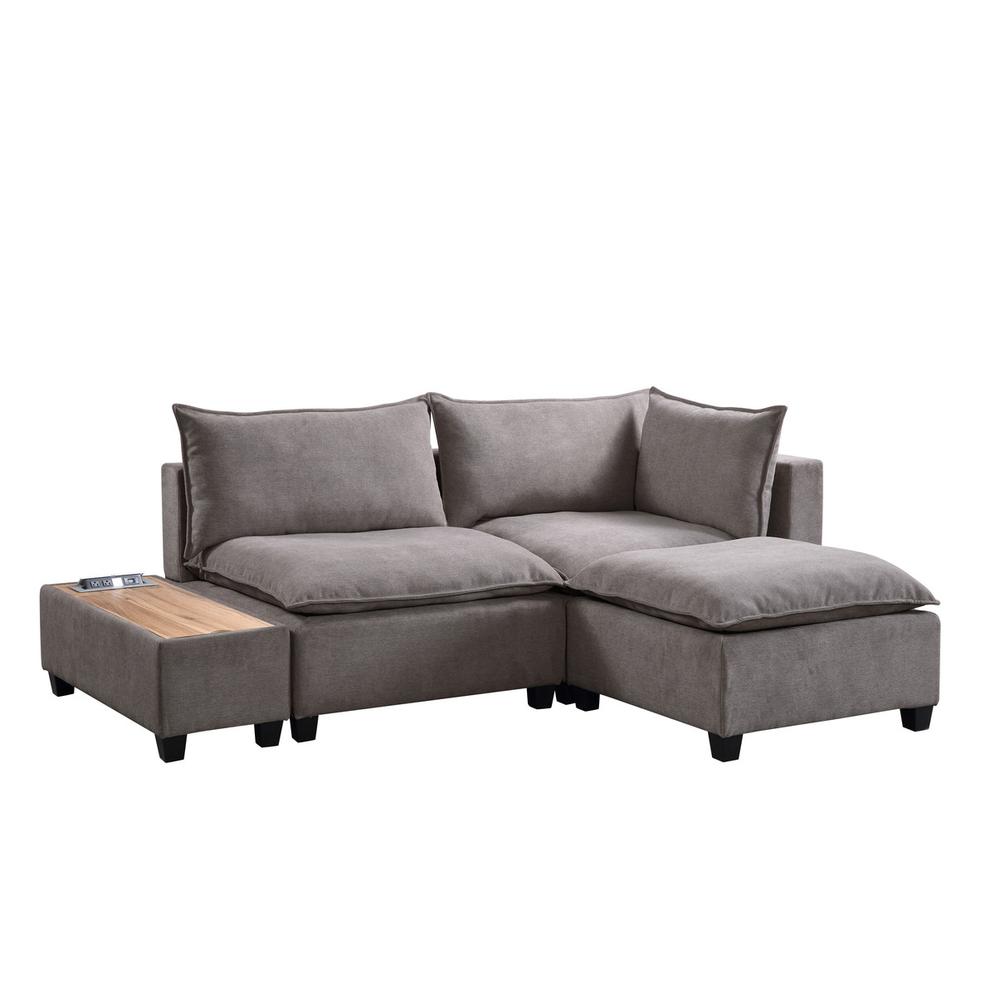 Madison Light Gray Fabric Sectional Loveseat Ottoman with USB Storage Console Table. Picture 4