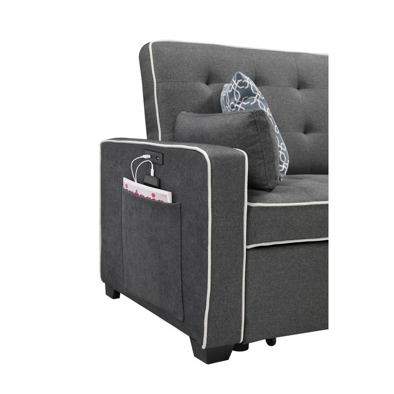 Cody Modern Gray Fabric Sleeper Sofa with 2 USB Charging Ports and 4 Accent Pillows. Picture 3