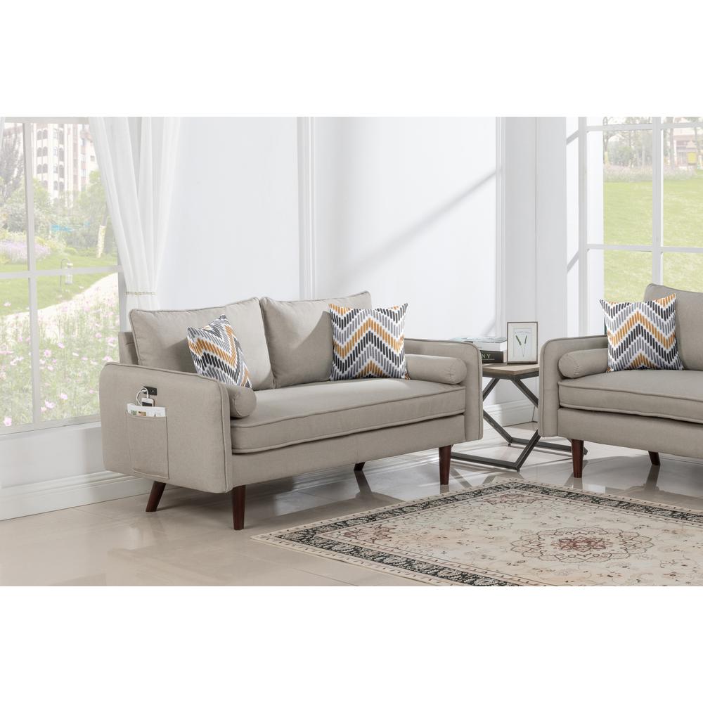 Mia Mid-Century Modern Beige Linen Loveseat Couch with USB Charging Ports & Pillows. Picture 3