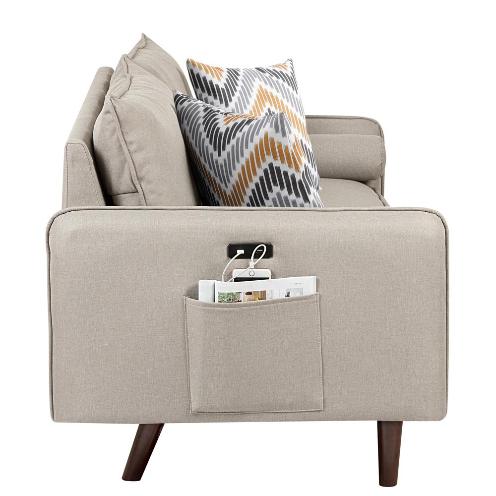 Mia Mid-Century Modern Beige Linen Loveseat Couch with USB Charging Ports & Pillows. Picture 4