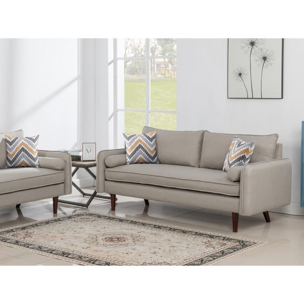 Mia Mid-Century Modern Beige Linen Sofa Couch with USB Charging Ports & Pillows. Picture 3