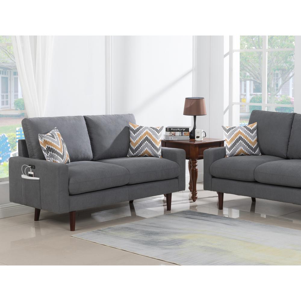 Abella Mid-Century Modern Dark Gray Woven Fabric Loveseat Couch with USB Charging Ports & Pillows. Picture 3