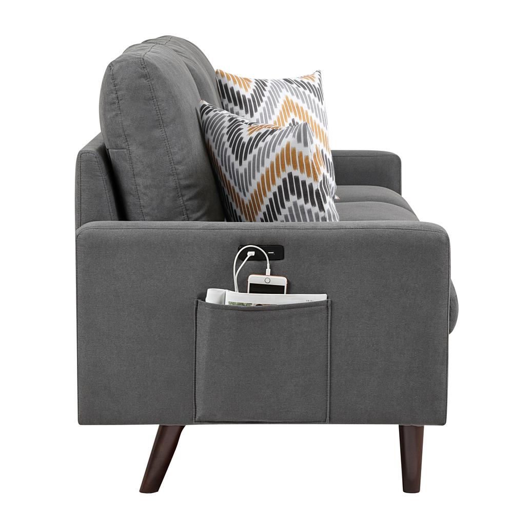 Abella Mid-Century Modern Dark Gray Woven Fabric Loveseat Couch with USB Charging Ports & Pillows. Picture 4